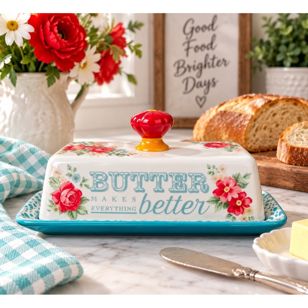 Pioneer Woman Vintage Floral Teal Butter Dish Butter Makes Everything Better